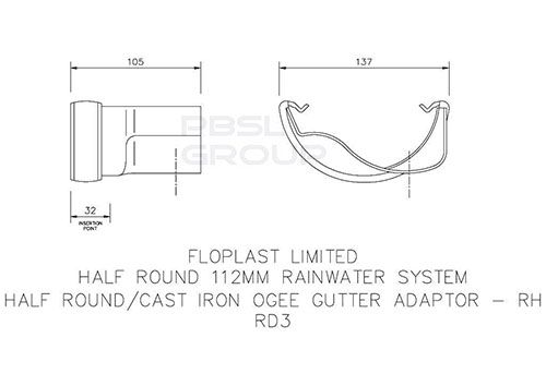 FloPlast PVC Half Round to Cast Iron Ogee Right Hand Gutter Adaptor - Black