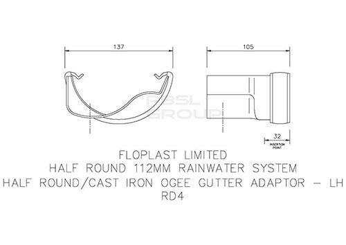 FloPlast PVC Half Round to Cast Iron Ogee Left Hand Gutter Adaptor - Black