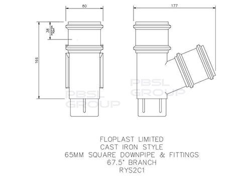 FloPlast Square Downpipe Branch - 67.5 Degree x 65mm Cast Iron Effect