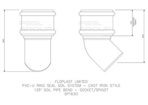 FloPlast Ring Seal Soil Bend Single Socket - 135 Degree x 110mm Cast Iron Effect