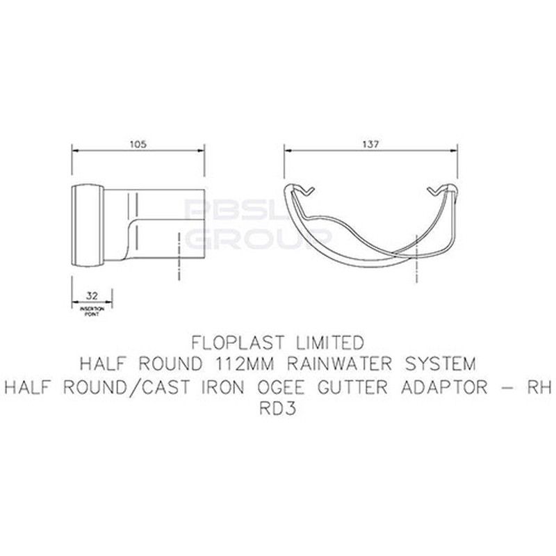 FloPlast PVC Half Round to Cast Iron Ogee Right Hand Gutter Adaptor - White