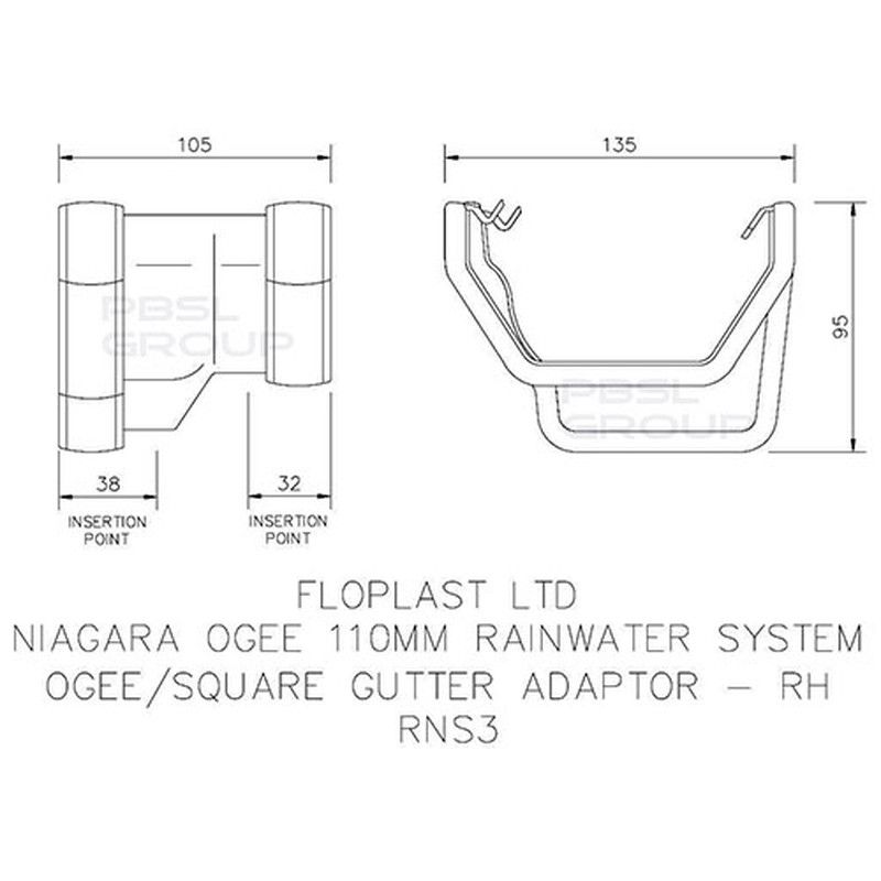 FloPlast Square to Ogee Right Hand Gutter Adaptor - Black