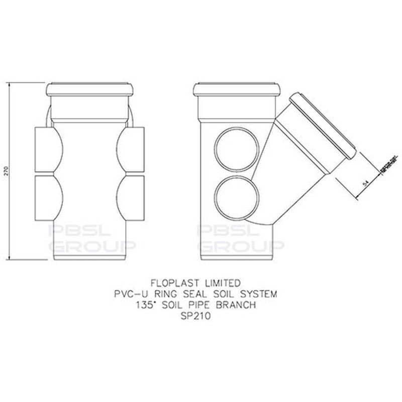 FloPlast Ring Seal Soil Branch - 135 Degree x 110mm Black - Pack of 2
