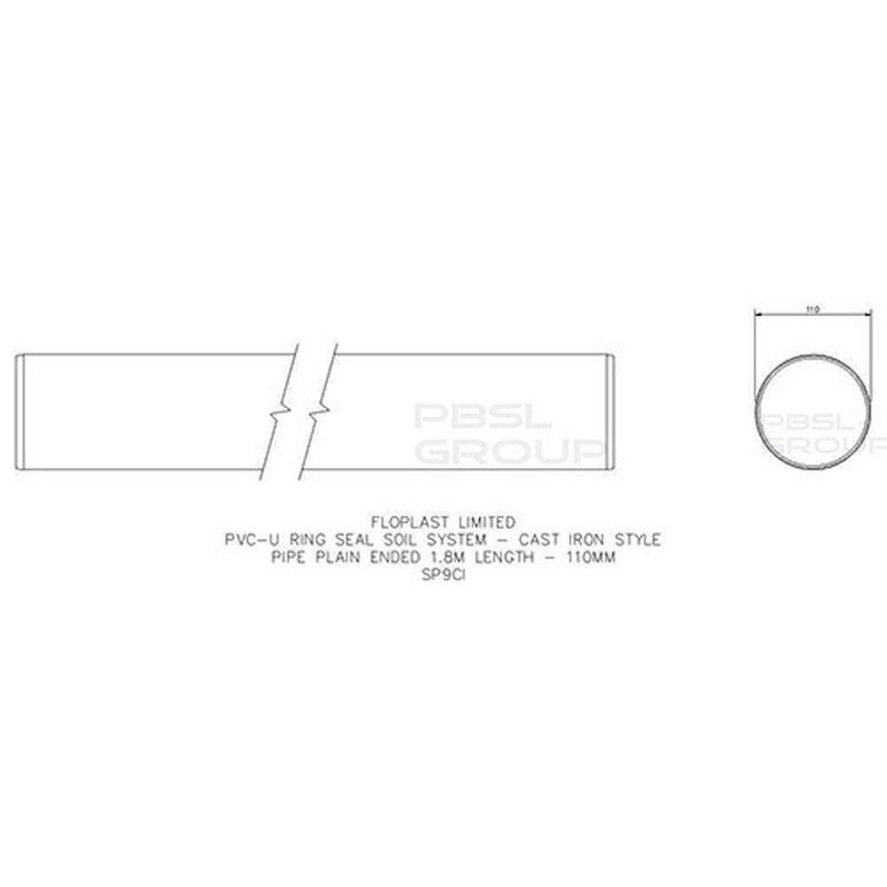 FloPlast Ring Seal Soil Pipe Plain Ended - 110mm x 1.8mtr Cast Iron Effect