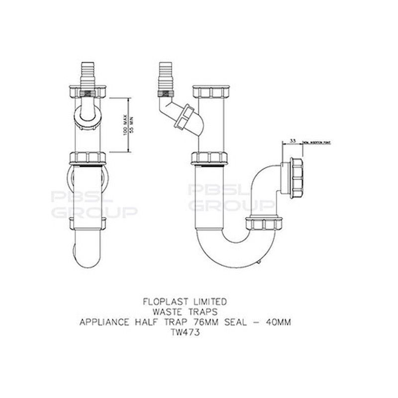 FloPlast Washing Machine Trap - 76mm Seal x 40mm White
