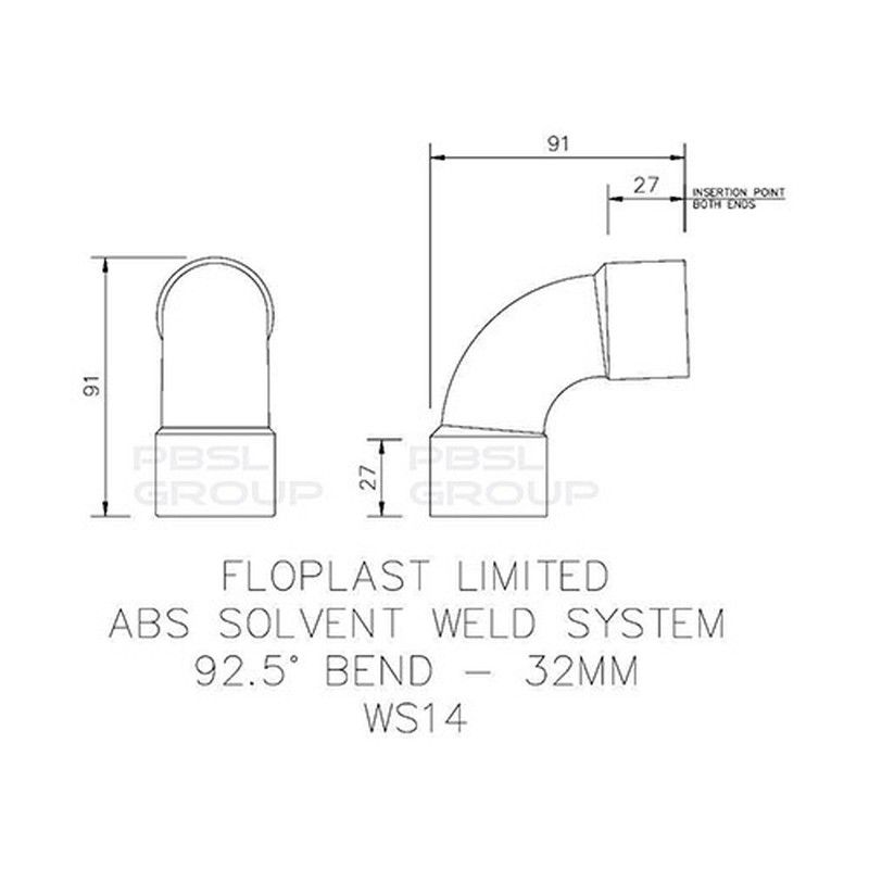 FloPlast Solvent Weld Waste Bend Swept - 92.5 Degree x 32mm White