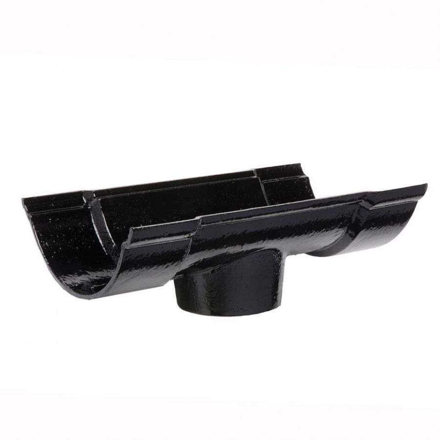 Cast Iron Beaded Half Round Gutter Running Outlet - 115mm for 65mm Downpipe Black
