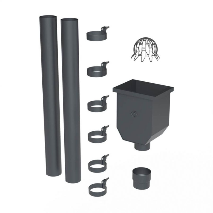 Galeco Steel Round Hopper & Downpipe Kit Graphite Grey - 87mm Diameter