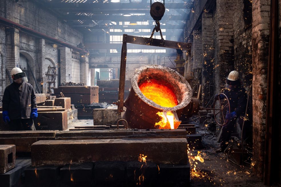 At the HARGREAVES foundry, molten iron is poured into moulds to produce the cast iron guttering parts.